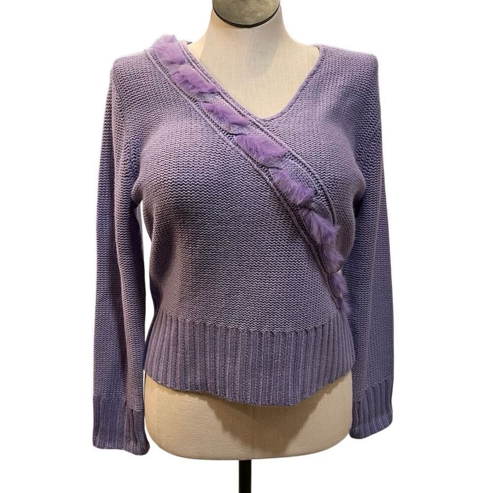 Evan Picone Womens V-Neck Knit Sweater XL Lavender Rabbit Fur Trim Avant Garde